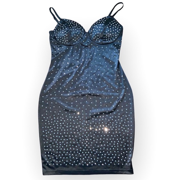 Dresses & Skirts - YAYA & CO. Black Satin Crystal Diamond Embellished Evening Midi Dress Size Large